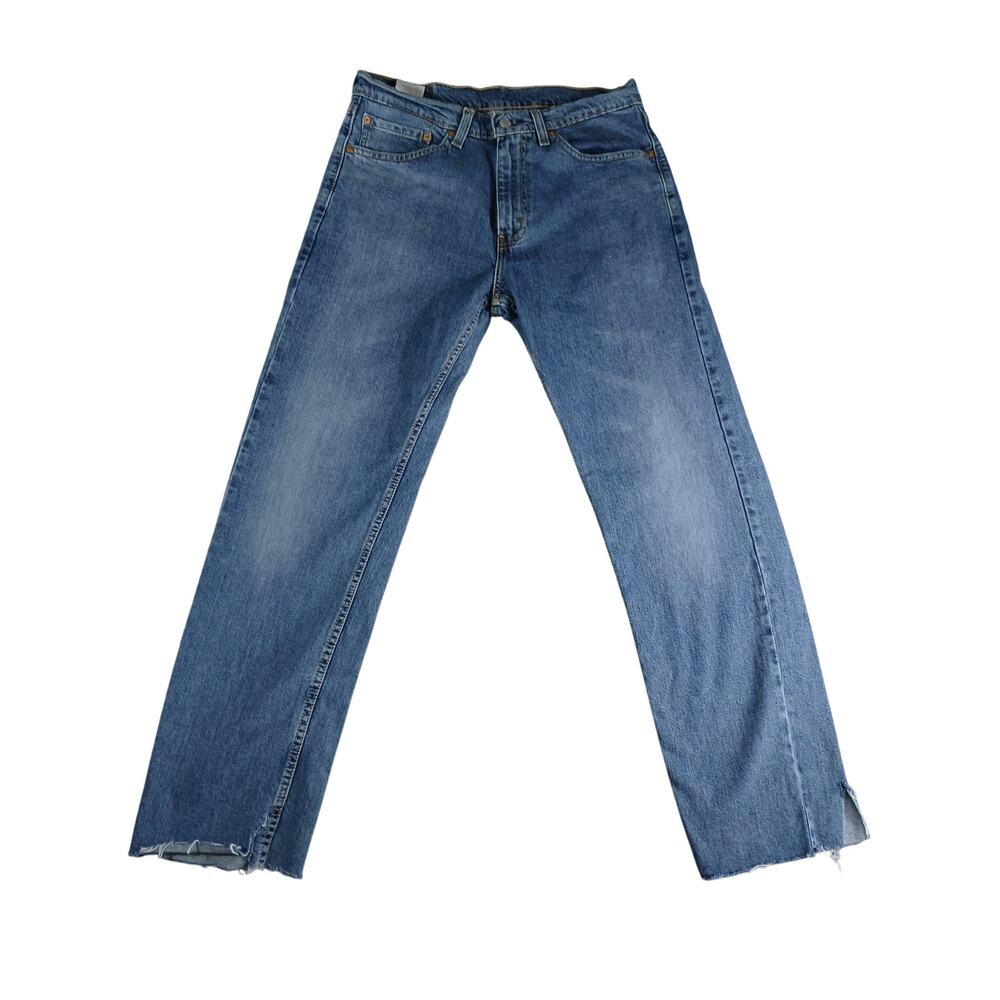 Levi's 505 Jeans Mens 32x30 Blue Medium Wash Straight Distressed Raw Hem